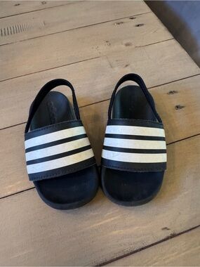 adidas toddler Black Sandals with White Stripes